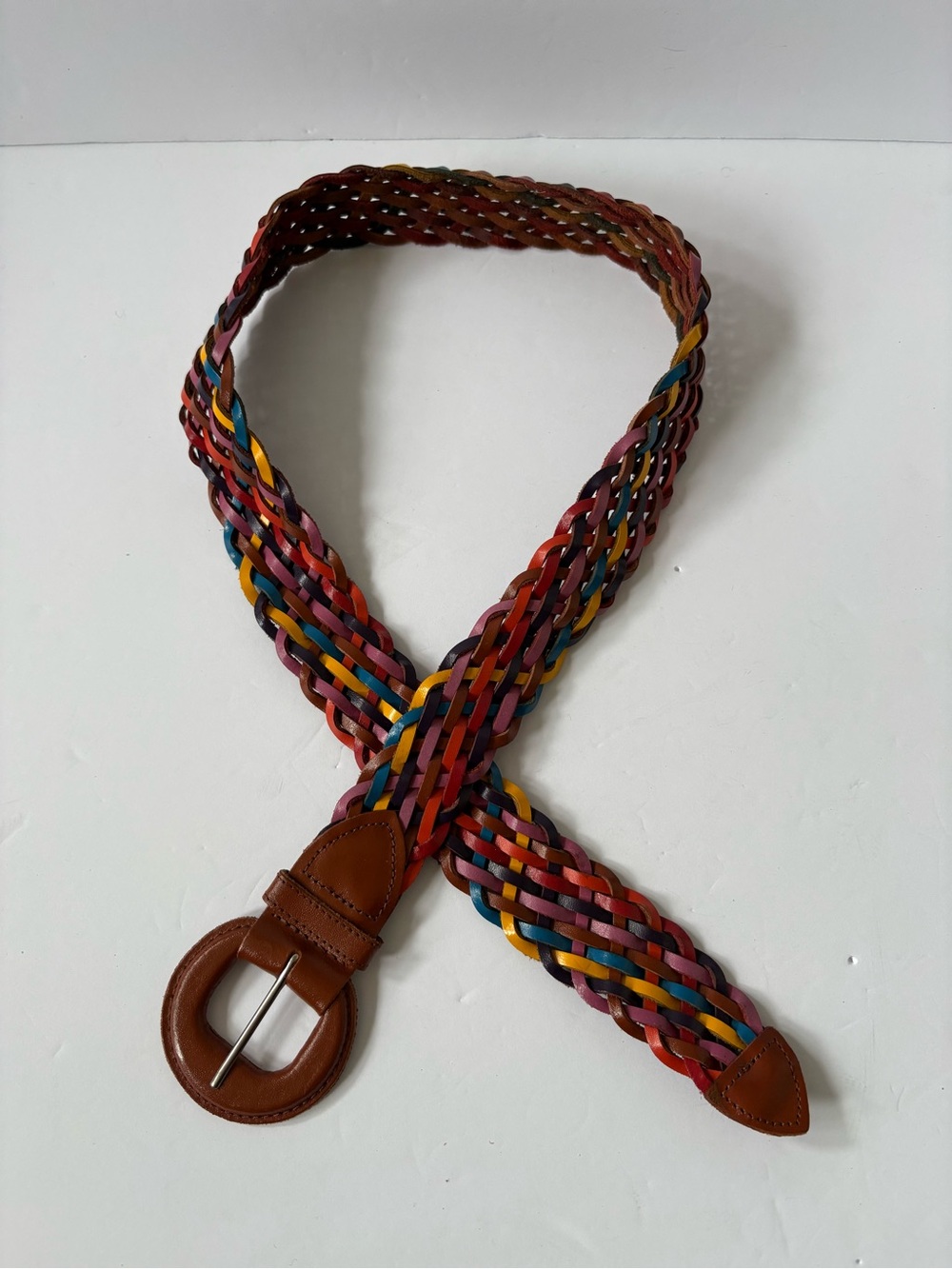 Guatemala Multicolor Brown Pink Yellow Genuine Leather‎ Braided Belt M/L Boho